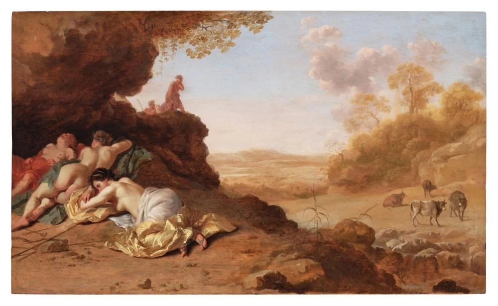 Un classico paesaggio romano con ninfe dormienti